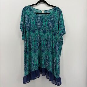 Est 1946 Women's Plus Size 18/20W Teal Blue Paisley Ruffle Hem Tunic Top